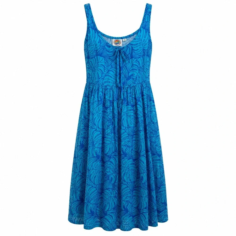 Makai Beach Hawaii Girls Blue Tropical Monstera Leaf Print Sun Dress Size 12